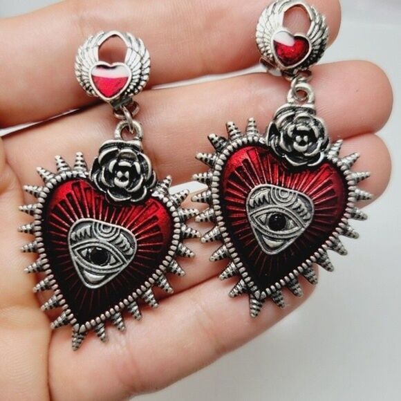 Love All Seing Dangle Earrings Rose & Heart Spikes Mystical Eye Red Enamel Goth - Picture 8 of 15